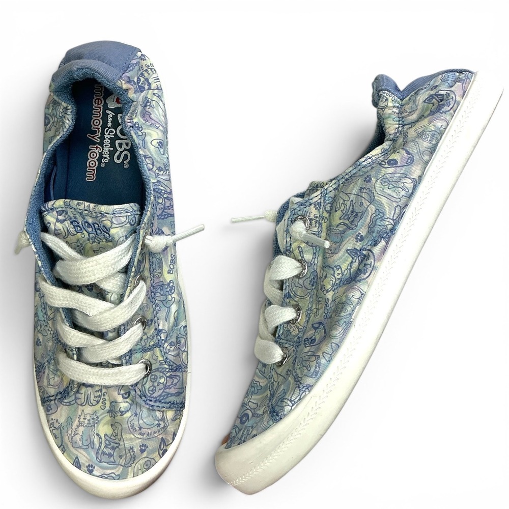 Skechers BOBS Blue Multi Slip On Sneakers Kids 7 Cat Dog Print Memory Foam
